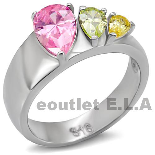 TRI-COLOUR PEAR CZ STAINLESS STEEL RING-5 sizes
